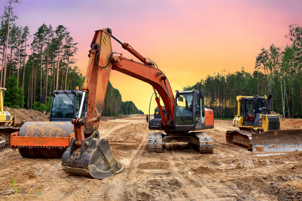 Bulldozer, Excavator and Soil compactor on road work. Earth-moving heavy equipment and Construction machinery  during land clearing, grading, pool excavation, utility trenching and digging